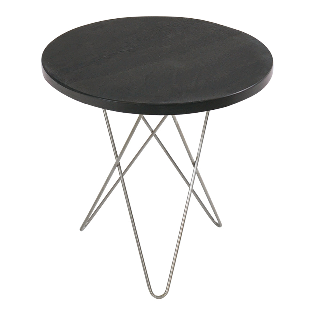 Black round tabletop with a smooth finish, supported by a sleek silver wire frame. Modern minimalist design.