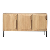 Light wood cabinet with a natural finish and geometric patterns, featuring black metal legs for contrast.
