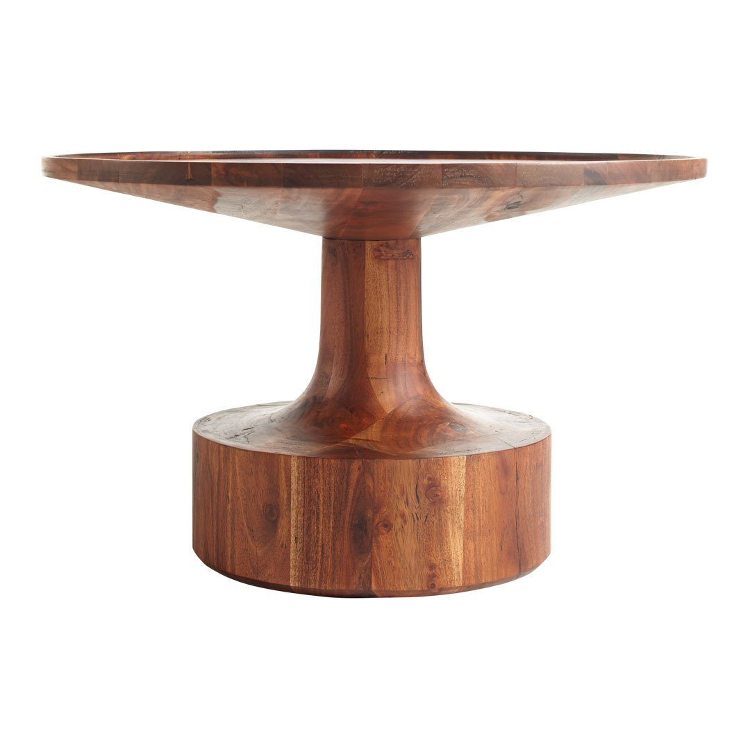 Round wooden table with a rich, warm brown finish and a smooth, natural grain pattern. Ideal for stylish decor.