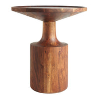 Wooden accent table featuring rich brown hues and a smooth, natural grain pattern. Stylish modern design.