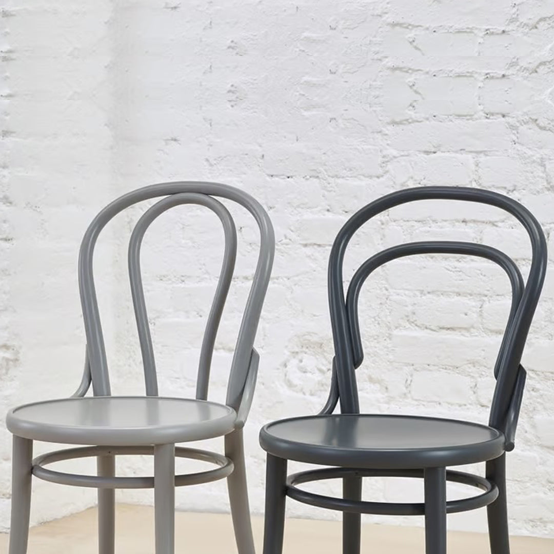 Set of two stylish chairs featuring a sleek gray and charcoal color palette with smooth, curved lines.
