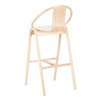Light wood bar stool with a minimalist design and natural finish, featuring a curved backrest.