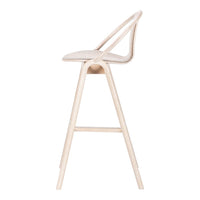 Light wood bar stool with a sleek, curved backrest and minimalistic design, featuring a soft beige seat.