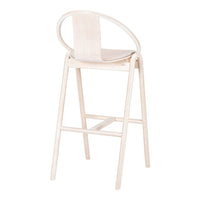 Tall wooden bar stool in light beige with curved backrest and minimalist design. Ideal for modern spaces.