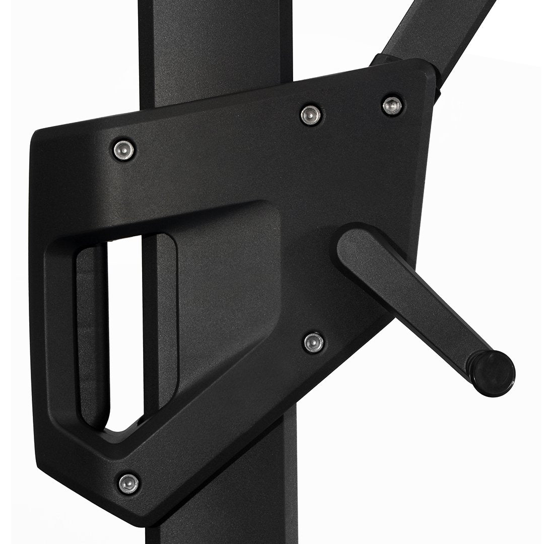 Black metal frame with a sleek matte finish and contrasting shiny silver screws, showcasing a minimalist design.
