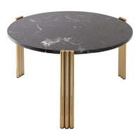 Round coffee table with a sleek black marble top and gold-colored metal legs, featuring a modern, elegant design.