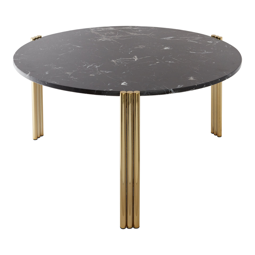 Round black marble coffee table with white veining and elegant gold legs. Sleek, modern design. Perfect for any decor.