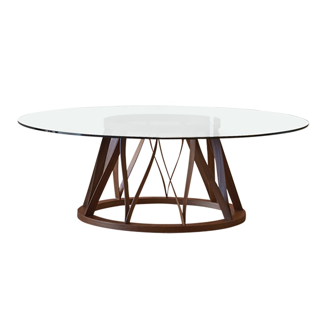 Modern round table with a clear glass top and a geometric brown wood base, showcasing a sleek and elegant design.