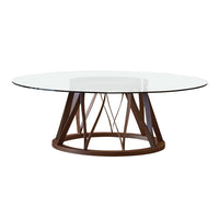 Modern round table with a clear glass top and a geometric brown wood base, showcasing a sleek and elegant design.