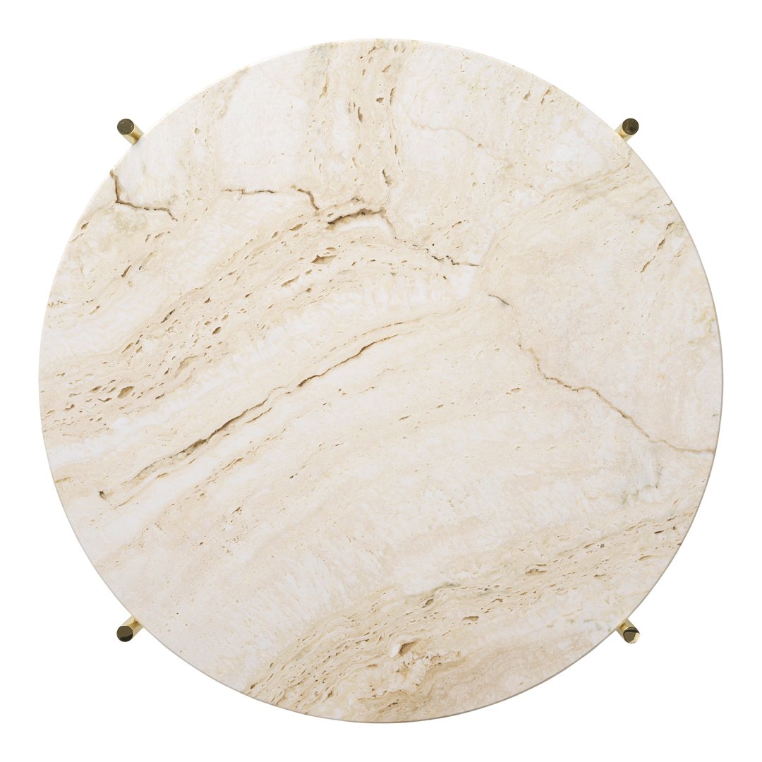 Round beige marble table with subtle creamy veining and a smooth finish, accented by brass hardware.