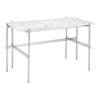 White marble tabletop with gray veining, supported by sleek silver metal legs, minimalist design.
