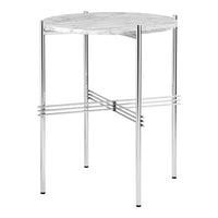 Round marble side table with a polished chrome base, showcasing a sleek, modern design and subtle gray veining.