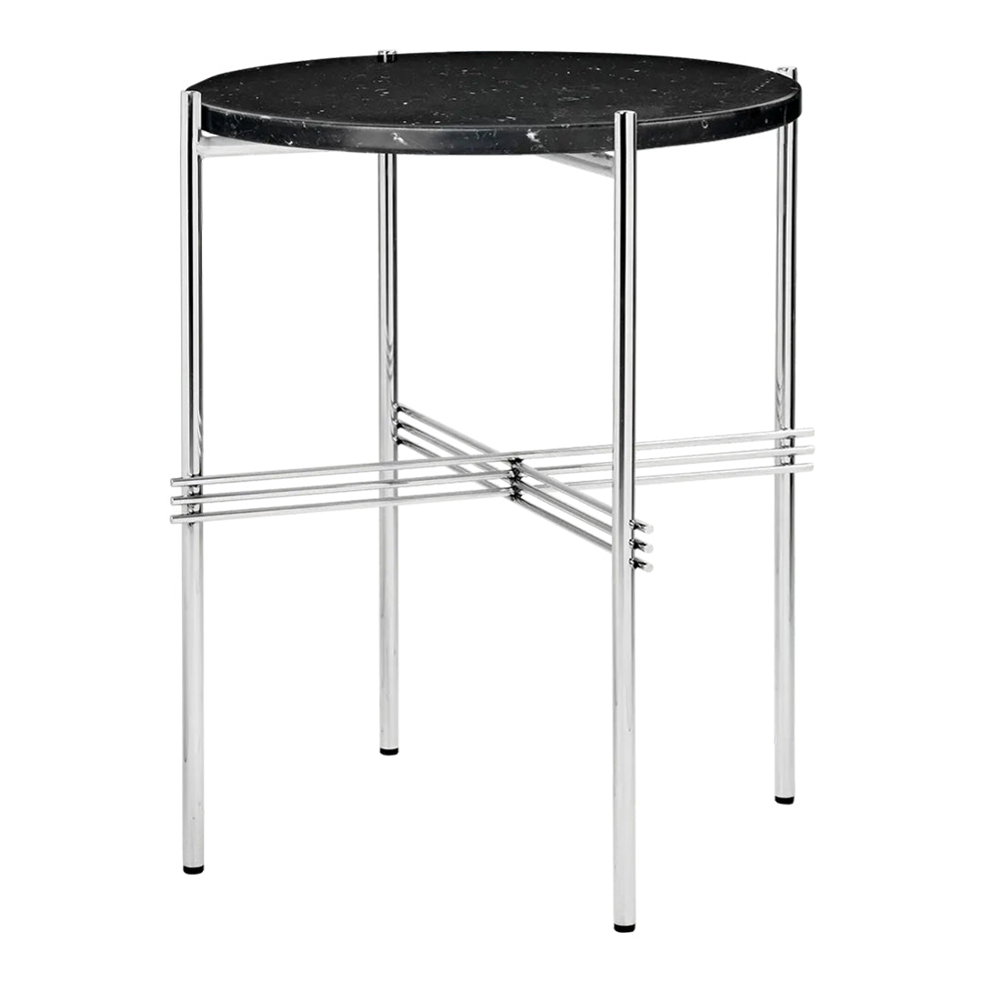 Round black marble table with sleek chrome legs, featuring a minimalist design and smooth surface.