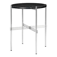Round black marble table with sleek chrome legs, featuring a minimalist design and smooth surface.