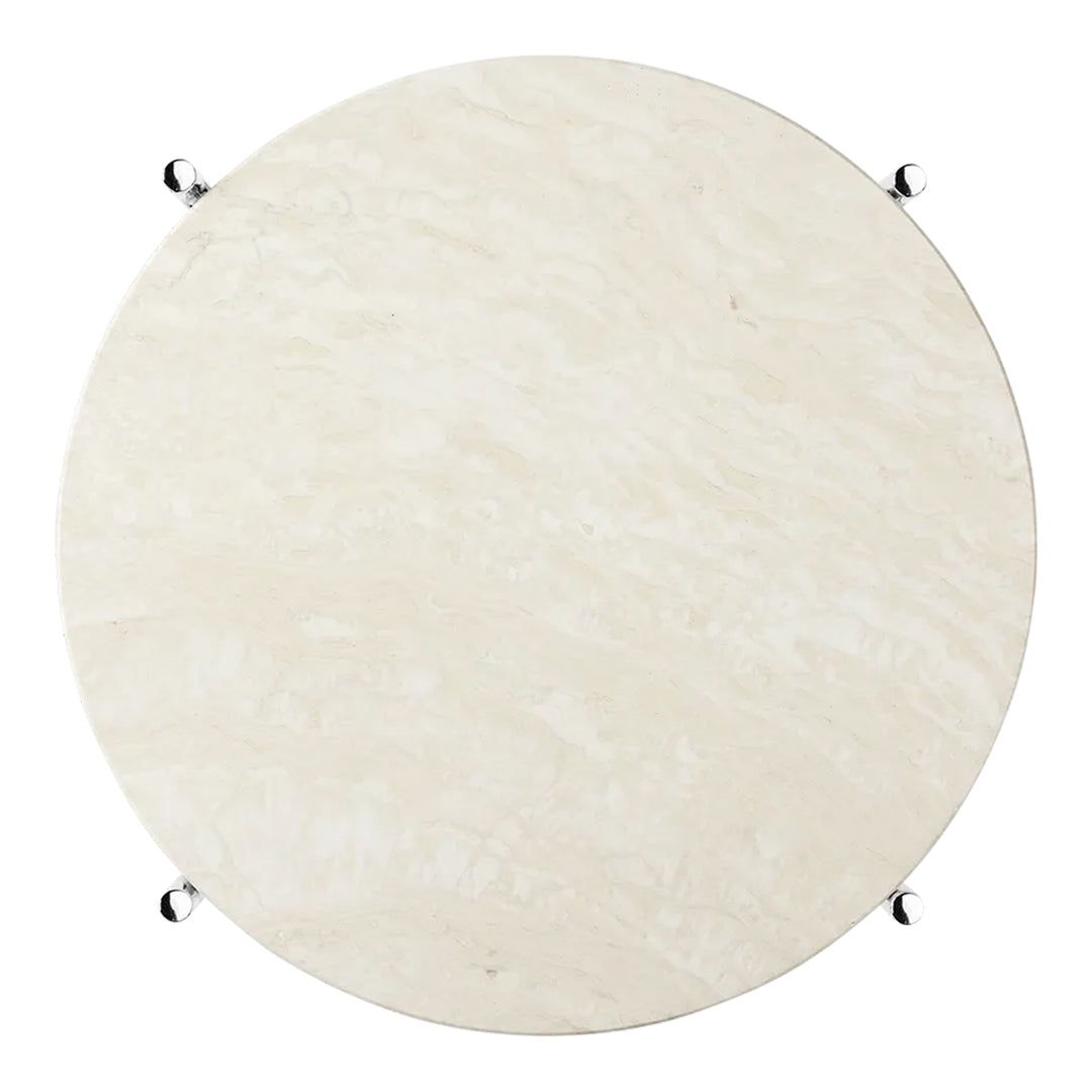 Round, smooth surface in soft beige with subtle swirling patterns and chrome accents. Perfect for modern decor.