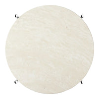 Round, smooth surface in soft beige with subtle swirling patterns and chrome accents. Perfect for modern decor.