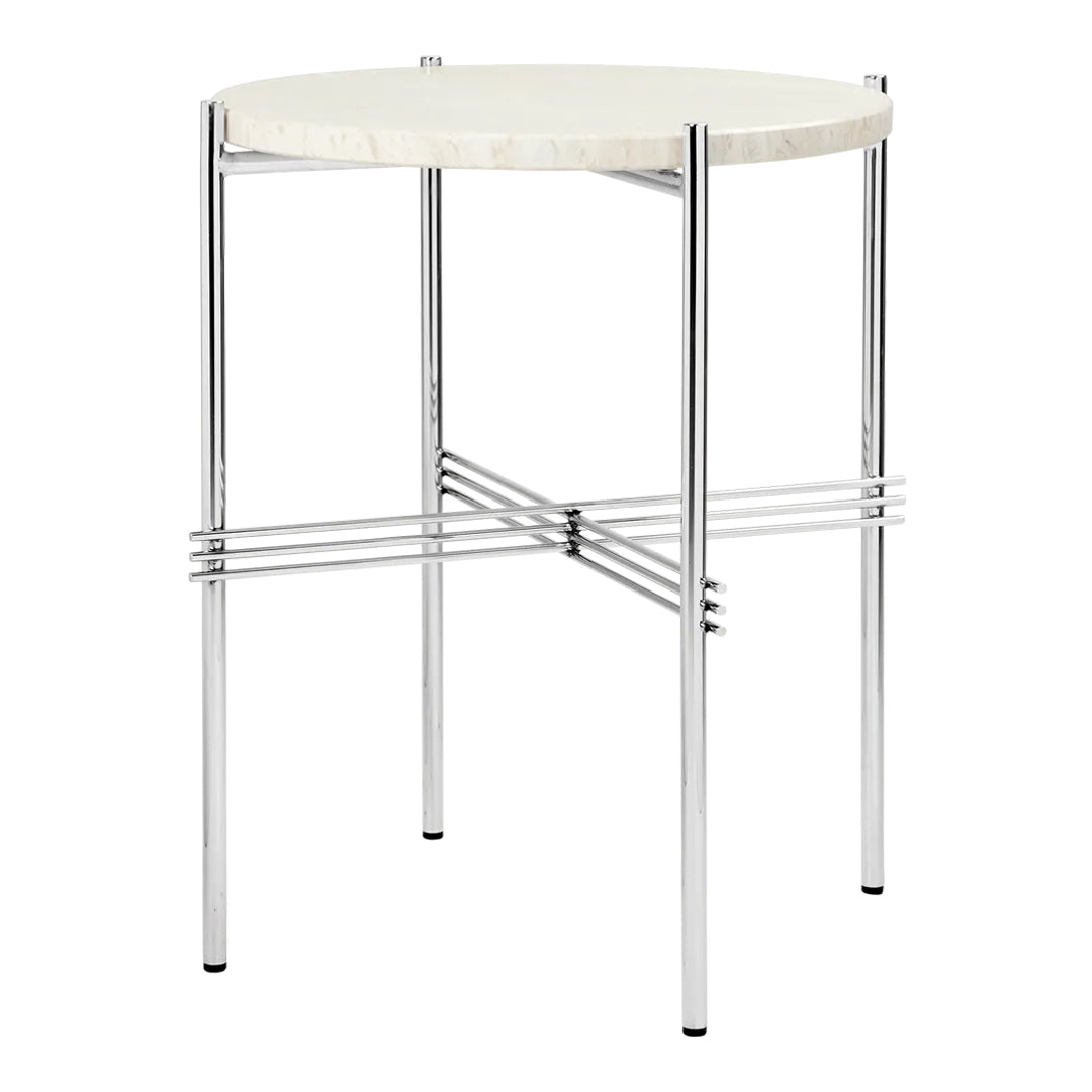 Round white table with a smooth surface and sleek chrome legs, featuring clean lines and a minimalist design.