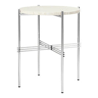 Round white table with a smooth surface and sleek chrome legs, featuring clean lines and a minimalist design.