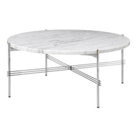 Round coffee table with a sleek white marble top and minimalist chrome metal legs, featuring subtle veining patterns.