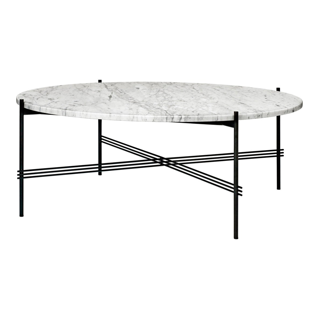 Round marble coffee table with a white and gray patterned top and sleek black metal legs featuring a modern design.