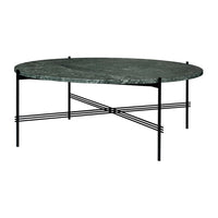 Round green marble coffee table with black metal legs and geometric cross-pattern support.