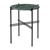 Green marble top side table with black metal legs and minimalist cross pattern. Ideal for modern decor.