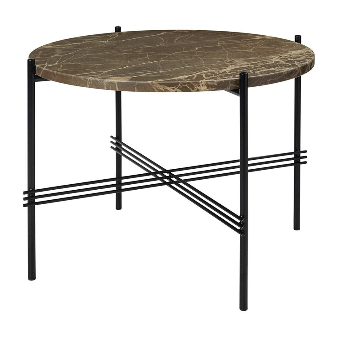 Round marble table with a brown and gold veined top and sleek black metal legs featuring a geometric cross pattern.