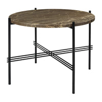 Round marble table with a brown and gold veined top and sleek black metal legs featuring a geometric cross pattern.