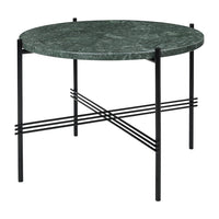 Round green marble top table with sleek black metal legs and modern cross pattern design. Ideal for contemporary decor.