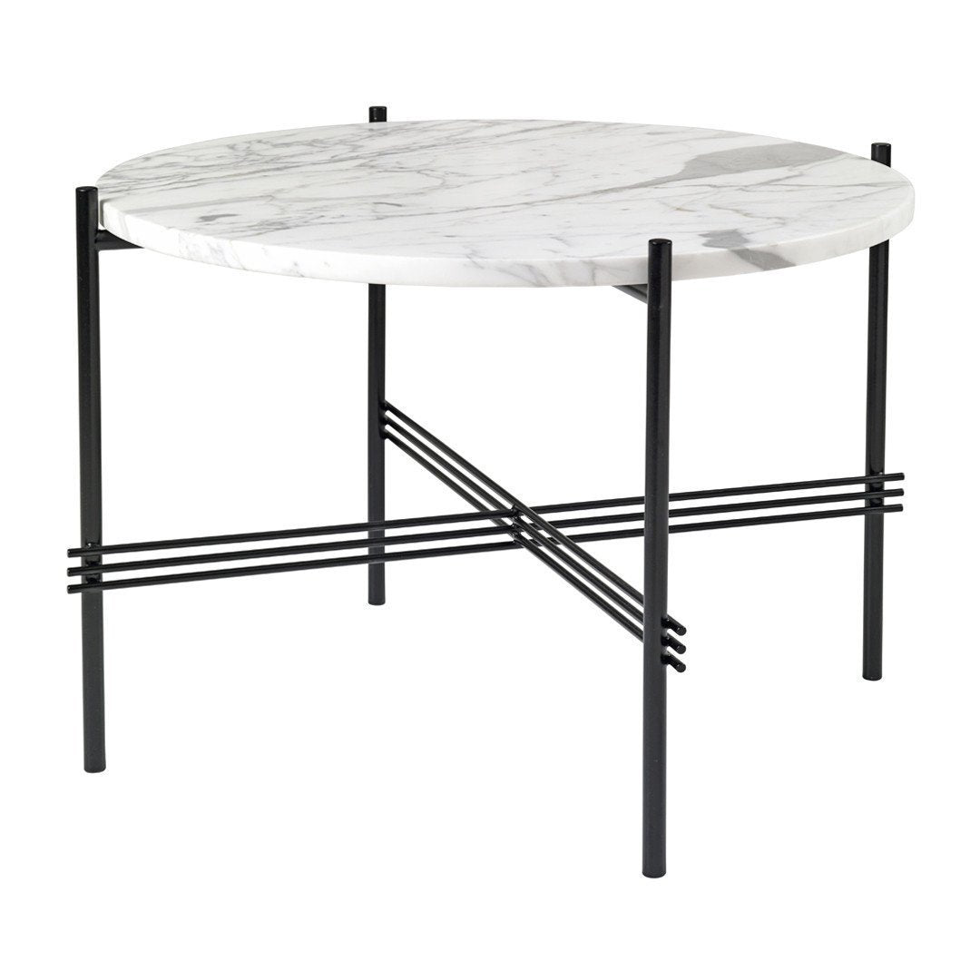 Round marble tabletop in white with gray veining, supported by sleek black metal legs with a geometric pattern.