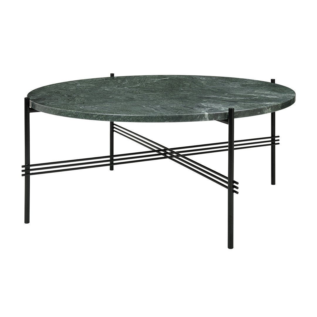 Round marble coffee table with a dark green surface and sleek black metal legs featuring a crossed design.