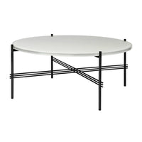 Round white tabletop with sleek black metal legs featuring a modern crossed pattern. Perfect for contemporary decor.