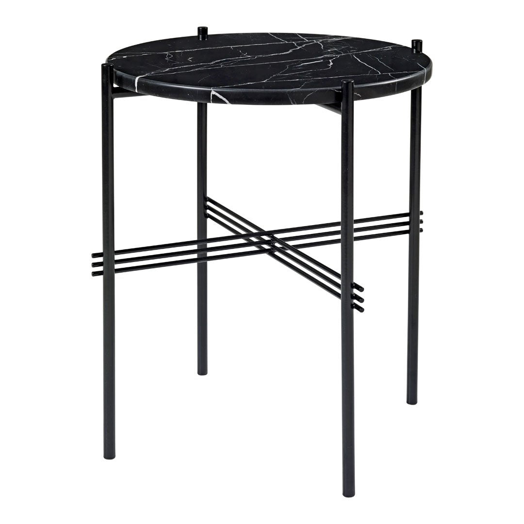Black marble round side table with striking white veining and sleek black metal legs. Ideal for modern decor.