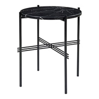 Black marble round side table with striking white veining and sleek black metal legs. Ideal for modern decor.