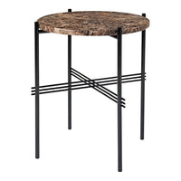 Round marble-top side table featuring brown and black patterns with sleek black metal legs.