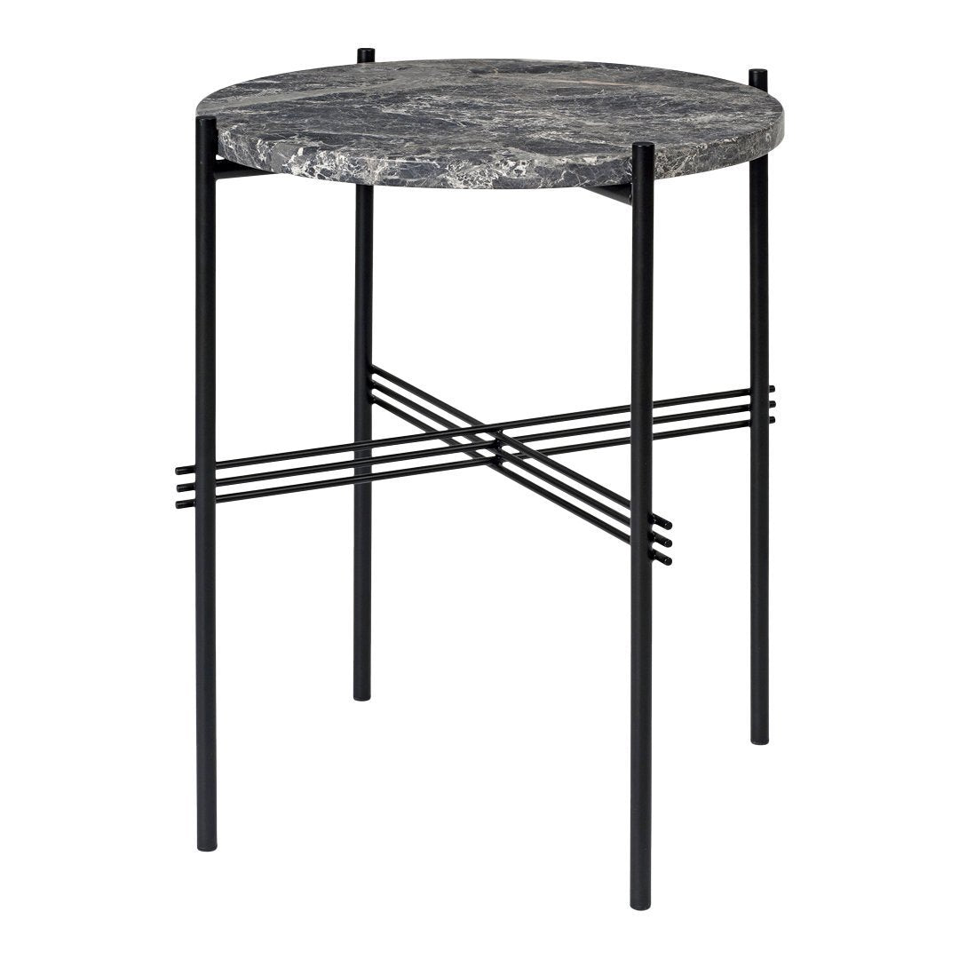 Round black and gray marble tabletop with sleek black metal legs and geometric cross pattern. Ideal for modern decor.