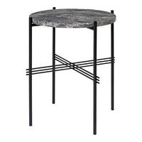 Round black and gray marble tabletop with sleek black metal legs and geometric cross pattern. Ideal for modern decor.