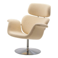 Cream-colored lounge chair with smooth, curved lines and a sleek chrome base. Perfect for modern decor.