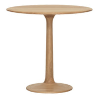 Round wooden table in light oak finish with a smooth, minimalist design and a single pedestal base.