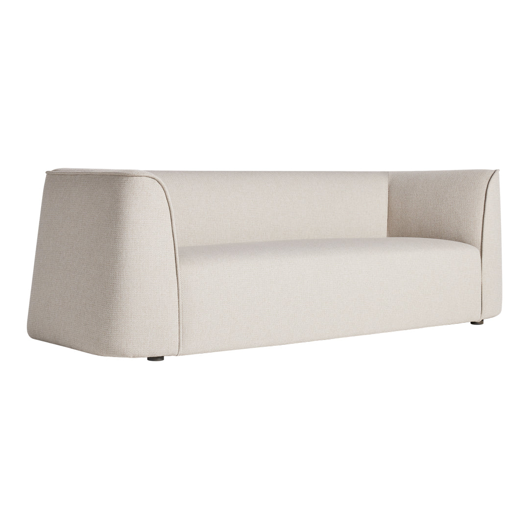 Beige upholstered sofa with a smooth, textured fabric and minimalist design. Perfect for modern interiors.