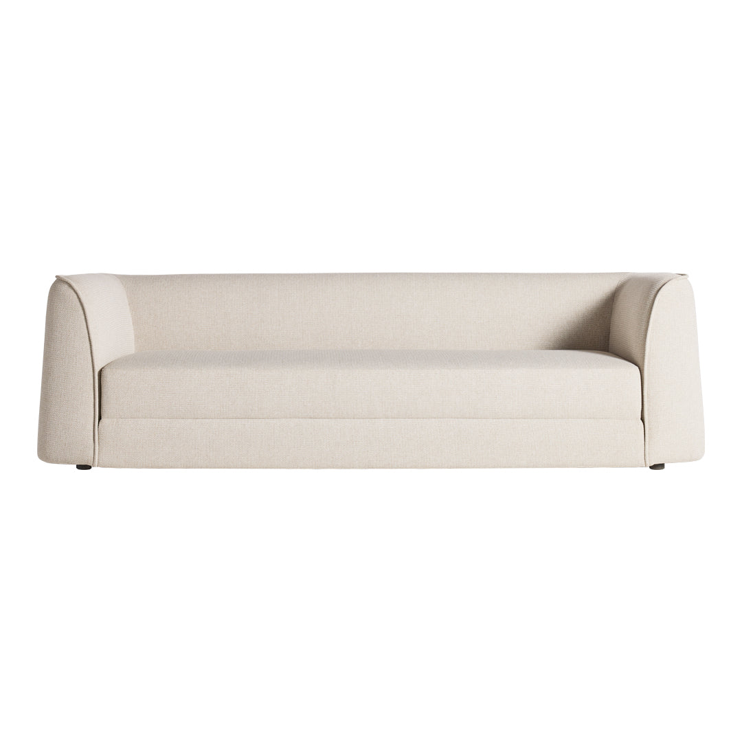 Beige upholstered sofa with a minimalist design and textured fabric, featuring smooth, rounded arms.