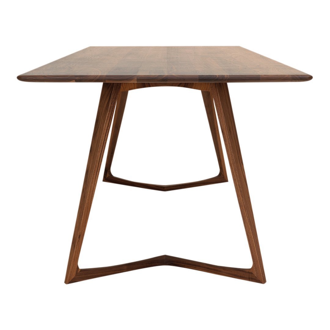 Walnut dining table with a sleek, minimalist design and natural wood grain pattern. Perfect for modern interiors.