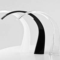 "Two sleek arc-shaped stands in clear and black acrylic, showcasing a modern, minimalist design."