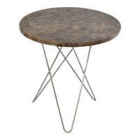 Round brown marble-patterned tabletop with sleek metal tripod legs. Perfect for modern decor.