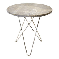 Round gray marble top table with sleek silver metal legs, featuring a smooth texture and minimalist design.
