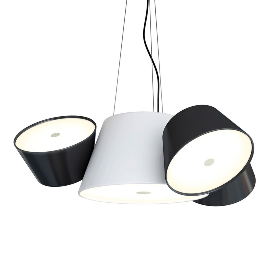 Modern hanging lamp with sleek black and white design, featuring two black shades and one white shade for a stylish look.