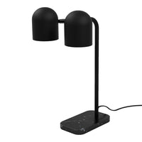 Black double dome table lamp with a sleek black metal stand and a patterned black marble base. Modern design accents.