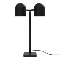 Black table lamp with two dome-shaped shades and a minimalistic design on a square base. Simple, modern aesthetic.