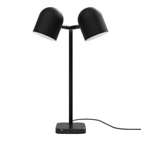Black double-head desk lamp with a sleek base, featuring modern minimalist design and smooth matte finish.