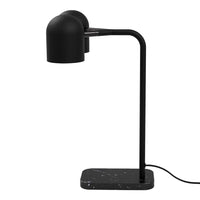 Black modern desk lamp with a sleek curved design and a marbled black base, featuring subtle white speckles.